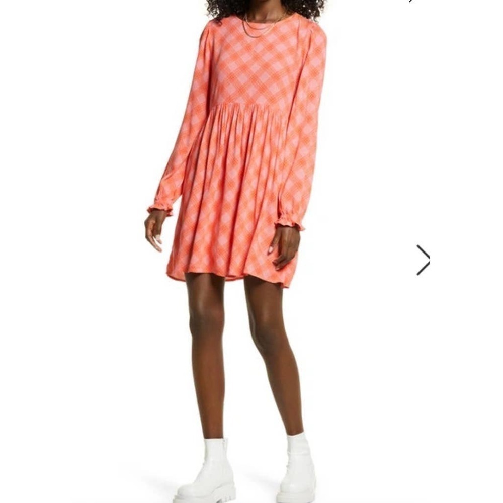 NWOT BP. Print Long Sleeve Dress In Pink- Red Ian Bias Plaid